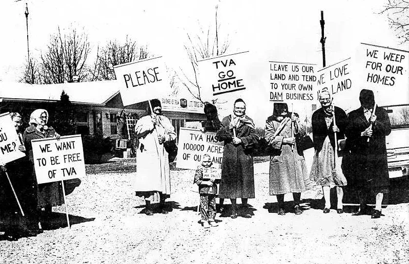 Historical photograph of the Between the Rivers community in western Kentucky prior to TVA displacement in the 1960s — farming families occupied this land for seven generations before forced removal
