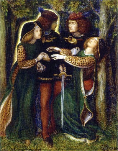 How They Met Themselves by Dante Gabriel Rossetti, c.1864 — a couple encounter their exact doubles in a darkened forest
