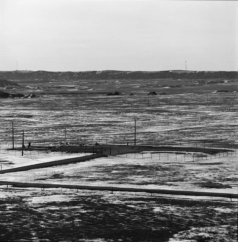 Aerial view of a Minuteman missile alert facility on the Great Plains showing the hardened compound and surrounding farmland