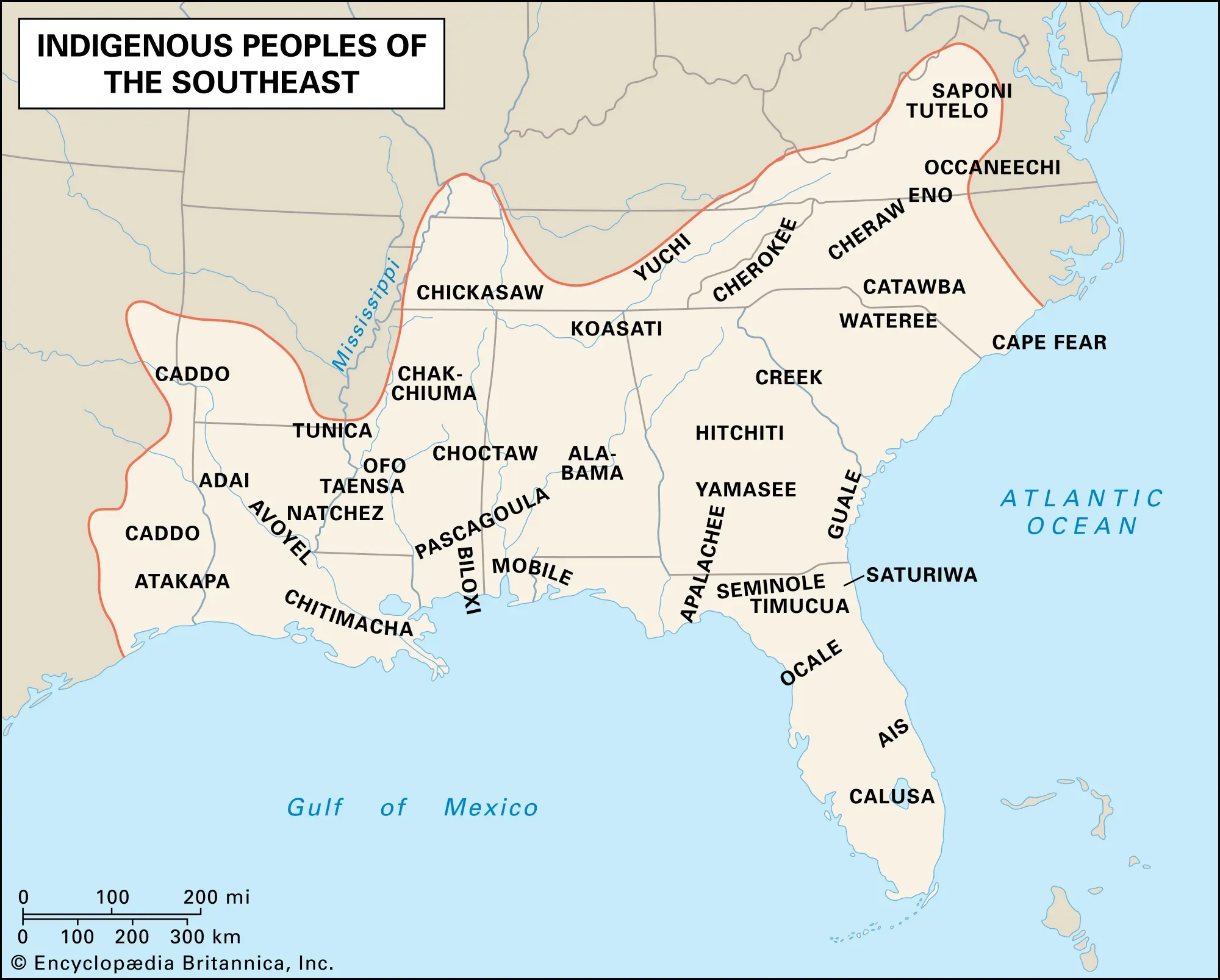 Map of southeastern United States tribal territories showing Chickasaw homeland in what is now Kentucky and Tennessee — the territory that includes the Land Between the Lakes