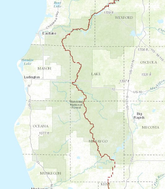 Map of Michigan highlighting Wexford County in the northwestern Lower Peninsula — location of the 1887 first Michigan Dogman encounter along the Manistee River corridor