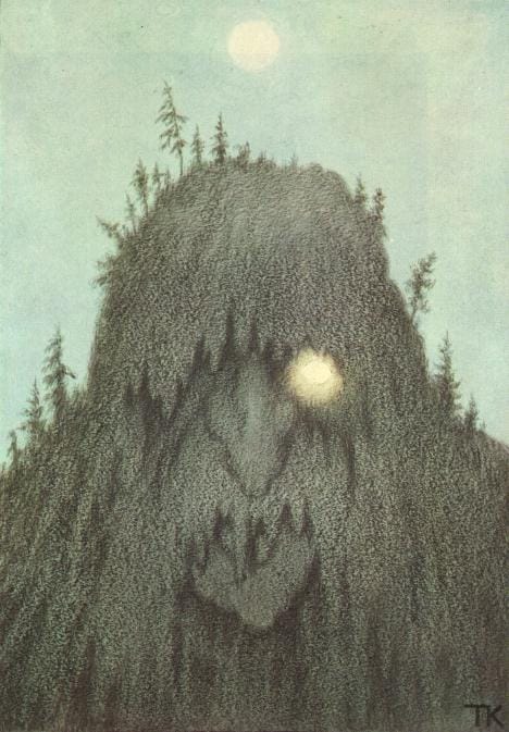 Forest Troll by Theodor Kittelsen, 1906 — Norwegian fairy tale illustration showing a vast atmospheric Norwegian forest landscape with a lurking presence