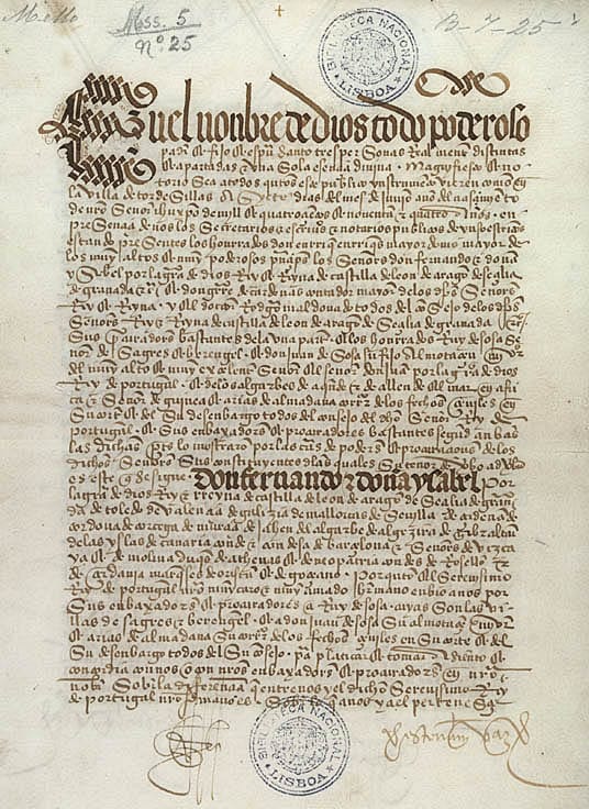 The Treaty of Tordesillas, 1494, original document — Portugal insisted on a dividing line far enough west to include Brazil, which was not officially discovered until 1500