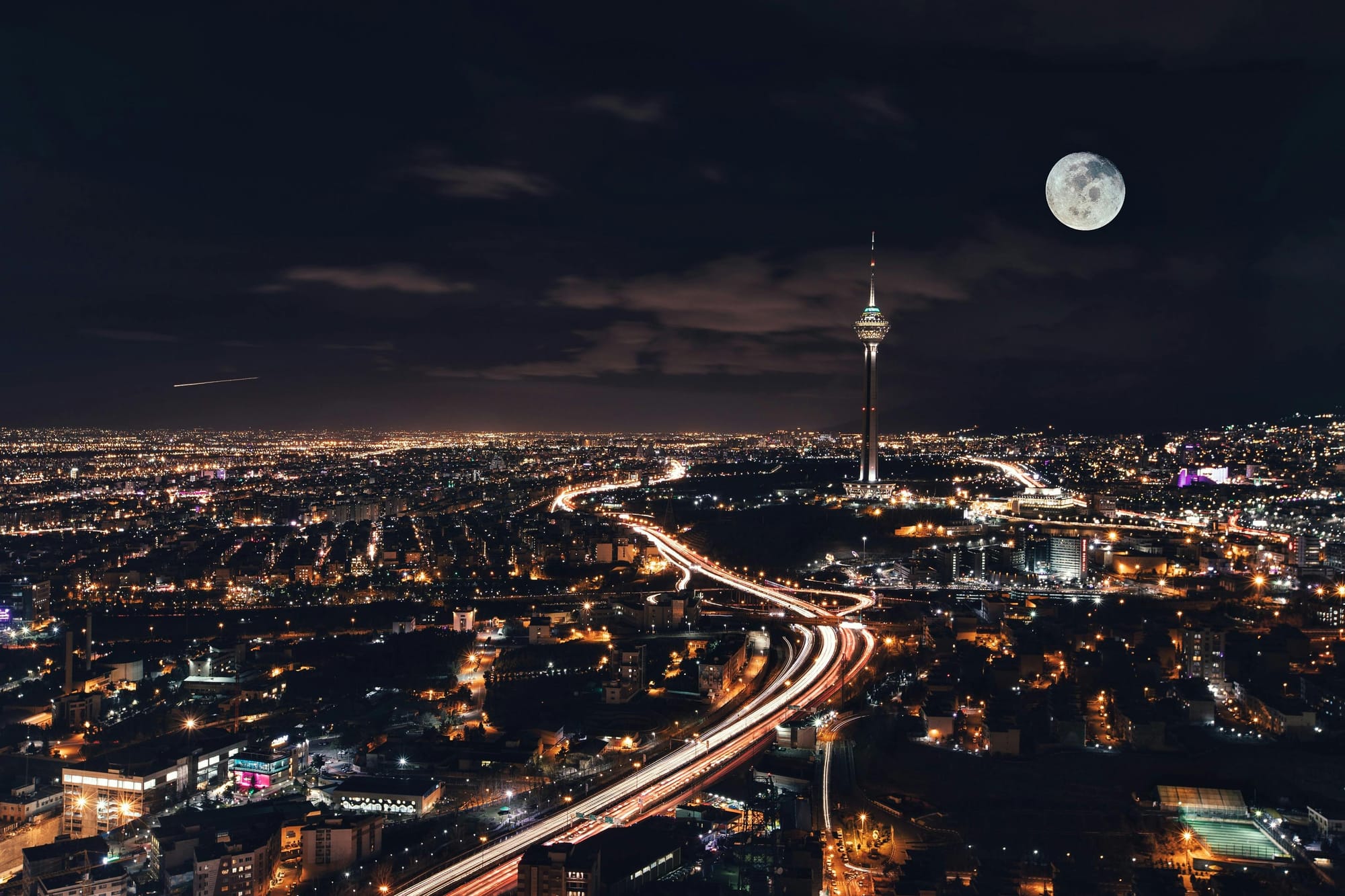 Tehran Iran aerial view night, setting of the 1976 Imperial Iranian Air Force UFO intercept