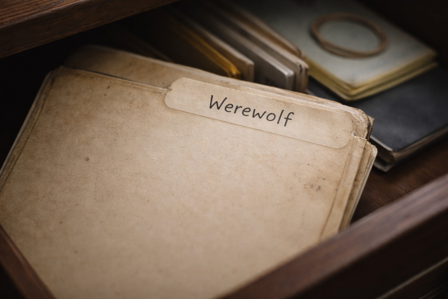 A manila folder in a desk drawer labelled Werewolf in official handwriting