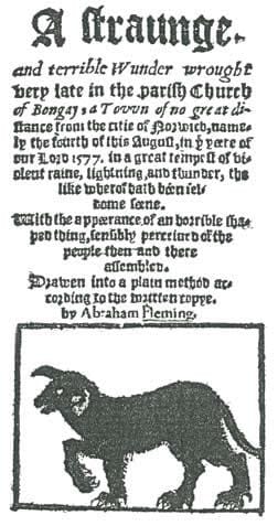 Title page of Abraham Fleming's 1577 pamphlet A Straunge and Terrible Wunder — the primary contemporary account of the Black Shuck incidents at Bungay and Blythburgh