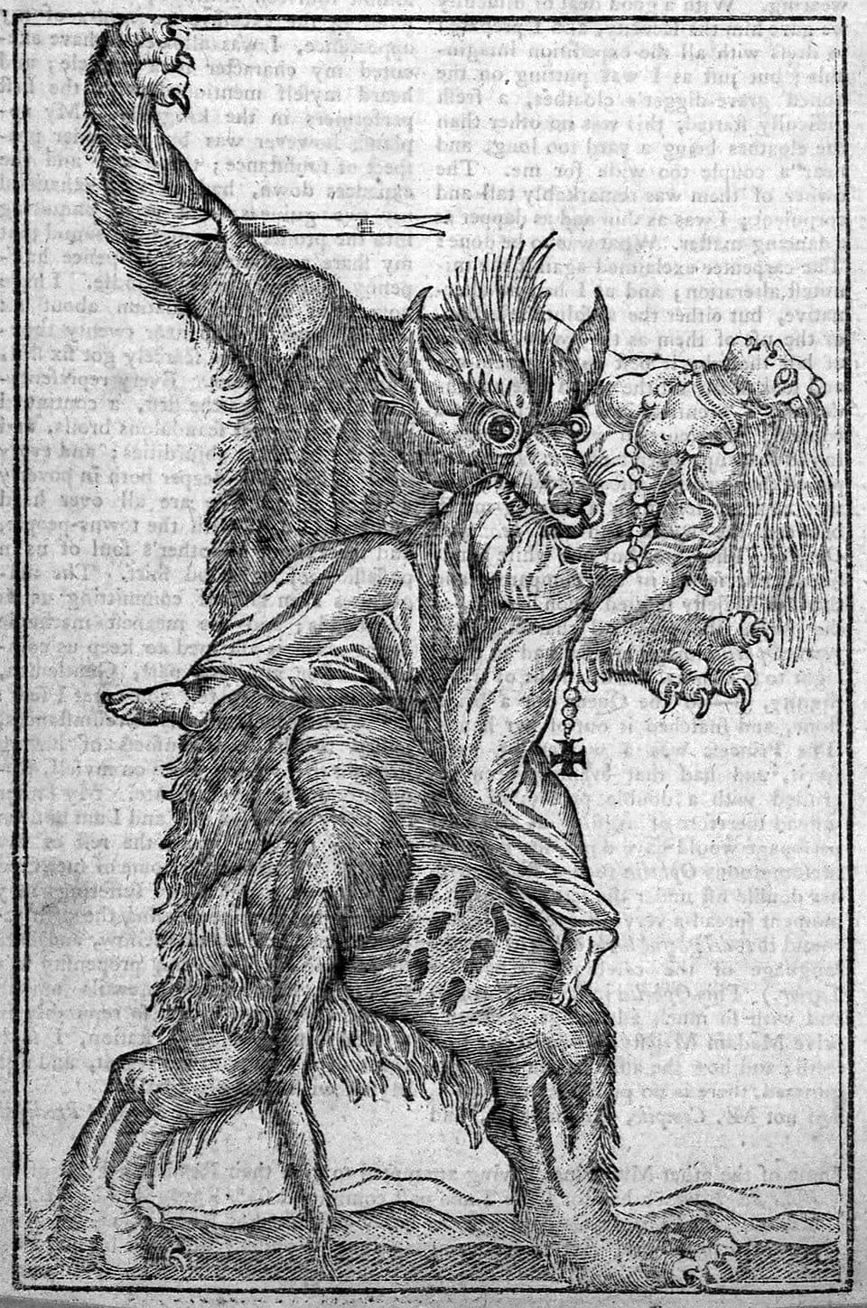 19th century French illustration of the loup garou — the canine humanoid tradition that French trappers carried from Europe to the New World, connecting Black Shuck's East Anglian tradition to the wider global canine entity phenomenon